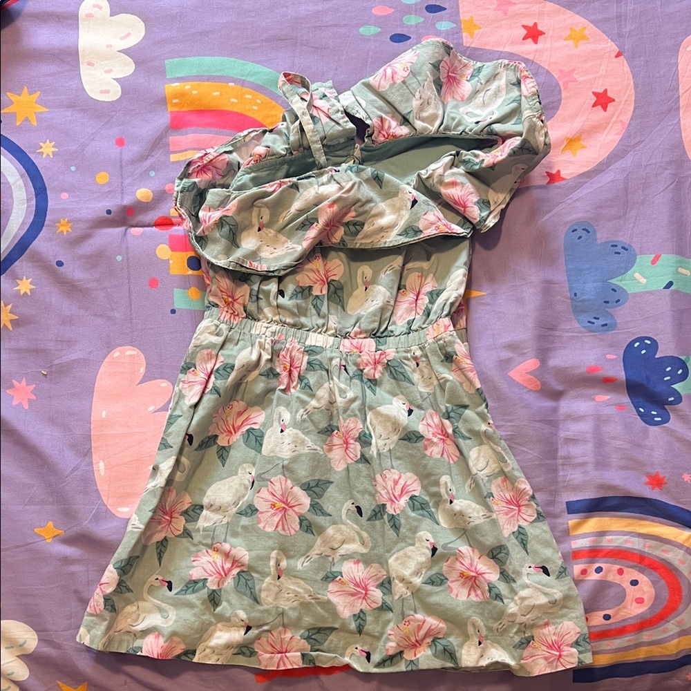 Adorable flamingo Janie and Jack dress with ruffled top, GUC